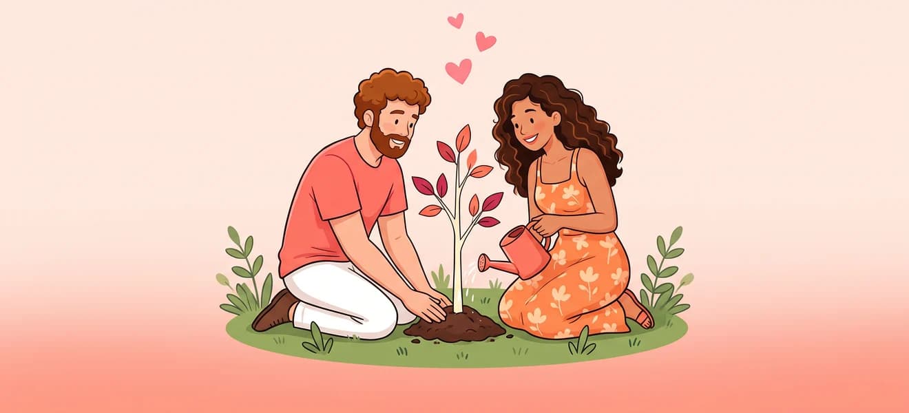Um casal plantando junto uma pequena árvore